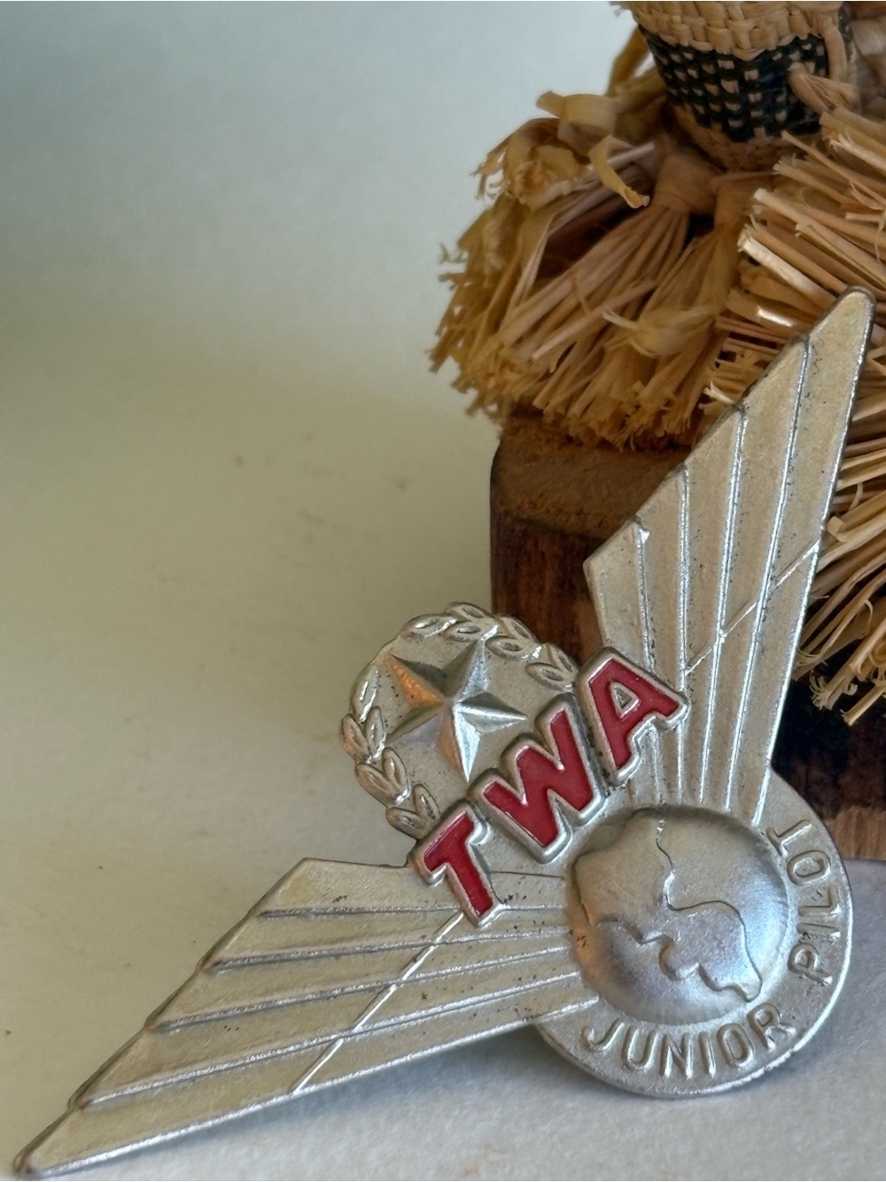 Silver-tone Winged Brooch with Red Lettering